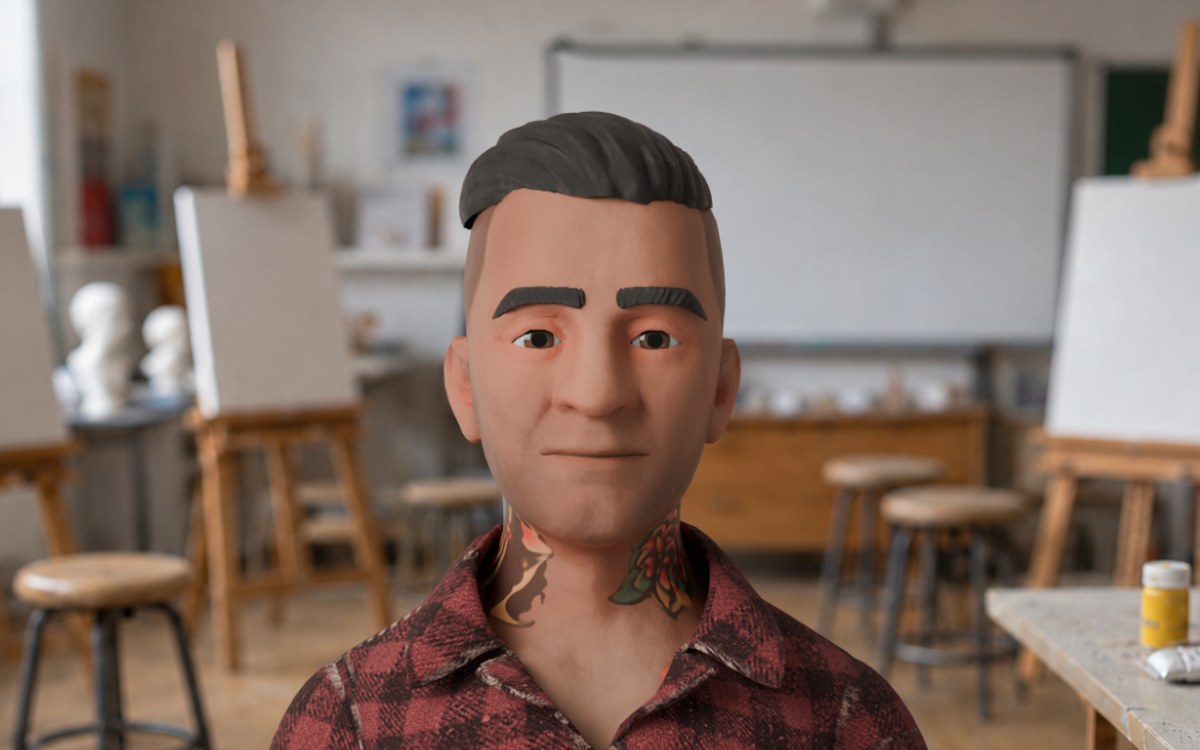 A model-style figure of the presenter in a checked shirt, standing in an art studio with easels and stools behind him.